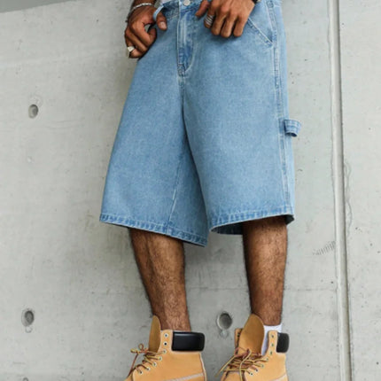 Pantaloncini in Denim Utility a Gamba Larga Blu Chiaro da Uomo per l'Estate