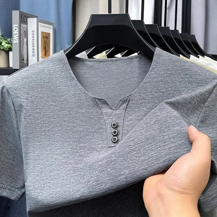 2025 New Men's Business Casual Three Button V-neck Short Sleeved T-shirt Korean Style Summer Comfortable Versatile Top PlatiNum