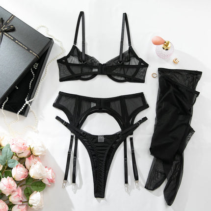Luxury Dark Style 4Pcs Women's Lingerie Set Push-up Underwire Bra Garter Belt Thong Panty Stocking Erotic Intimate Outfits