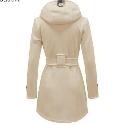 2026 Autumn Women's Hooded Overcoat Trend Double-Breasted Design Belt Side Pockets Plaid Splice Woolen Coats Winter Jacket Femme