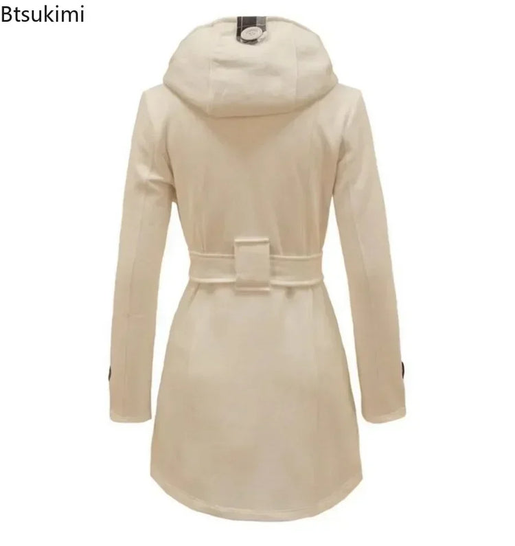 2026 Autumn Women's Hooded Overcoat Trend Double-Breasted Design Belt Side Pockets Plaid Splice Woolen Coats Winter Jacket Femme