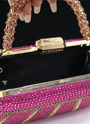 Popular In Nigeria Exquisite Evening Bags With Diamond Design Fashion Handle Clutch Rhinestone Embellished Long Chain Bag PlatiNum