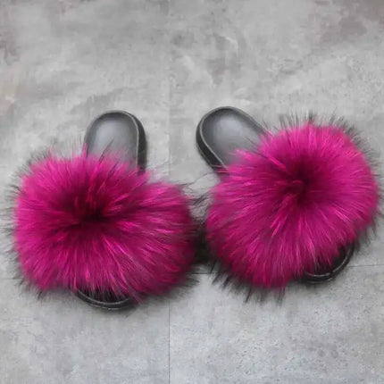 Real Raccoon Fur Slippers for Women 2023 Summer Fluffy Indoor Home Fuzzy Flat Slides Outdoor Fashion Beach Sandals Flip Flops