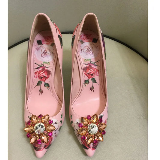 Floral Blossom Crystal Heeled Sandals Luxury Slip On Pointy Toe Mixed Color High Heels Women Designer Gemstone Dress Pink Shoes