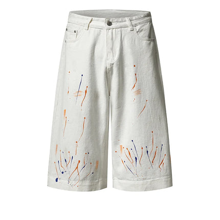 IEFB Niche Pantaloncini in denim da uomo con schizzi di vernice, casual, a gamba larga, alla moda, vestibilità ampia, lunghezza al ginocchio, 9X3271