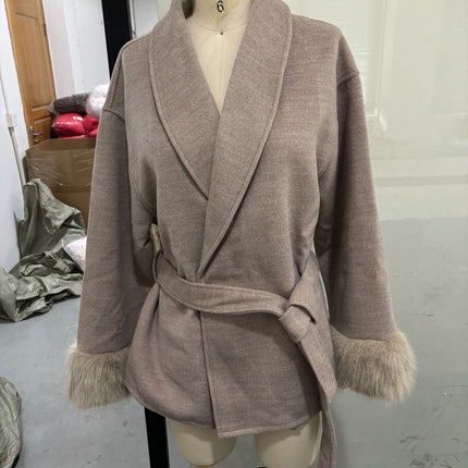 Elegant Lace Up Woolen Short Coat Solid Loose Lapel Furry Long Sleeve Belt Waist Jacket 2026 Spring Autumn Lady Chic Cardigan