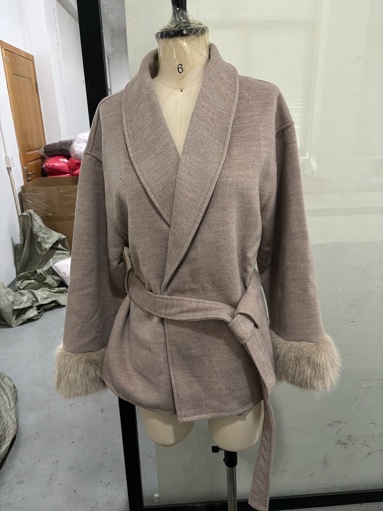 Elegant Lace Up Woolen Short Coat Solid Loose Lapel Furry Long Sleeve Belt Waist Jacket 2026 Spring Autumn Lady Chic Cardigan