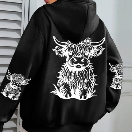 Cute Hair Cow Cartoon Printing Hoodies Womens Fleece Autumn Streetwear Comfortable Casual Hoodie Y2K Pocket All-Match Hoody