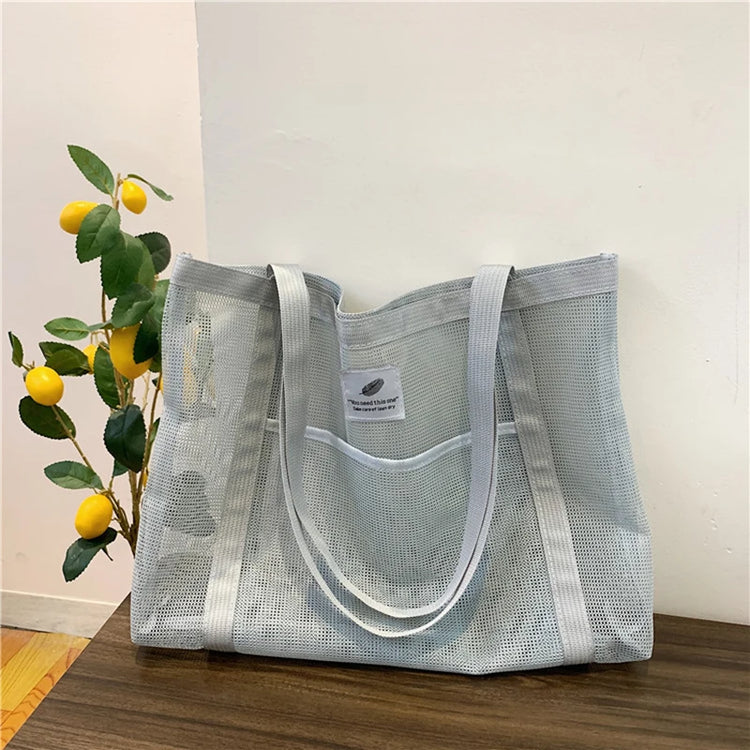 Borsa tote da donna in rete trasparente, borsa a tracolla portatile alla moda multifunzionale per lo shopping, viaggi, spiaggia estiva