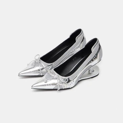 Special Heel Spliced Heels Pointed Toe Heels Women's Fashion Shallow Mouth Bow Non-Slip Mary Jane Single Shoes PlatiNum