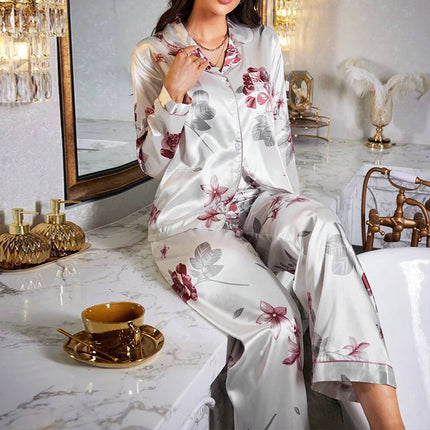 Pigiama da donna con stampa floreale color block, maniche lunghe e pantaloni in raso per un sonno confortevole, morbido pigiama e pigiama da notte