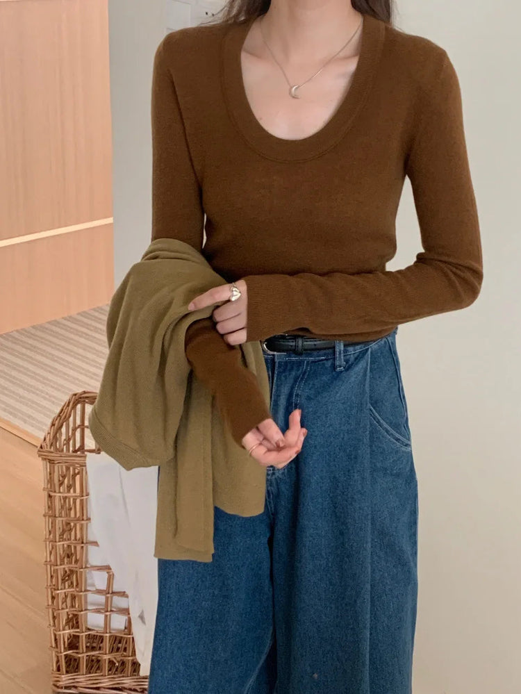 100% 48 count wool U-neck Ultra-fine Merino Wool Shirt for Women's Slim and Thin Bottoming Shirt for Women's Autumn and Winter PlatiNum