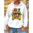 ilstile Women's Hippie Qute Cat Flower Print Hoodies Autumn Outdoor Sports Long Sleeve Casual Loose Round Neck Hooded Hoodies