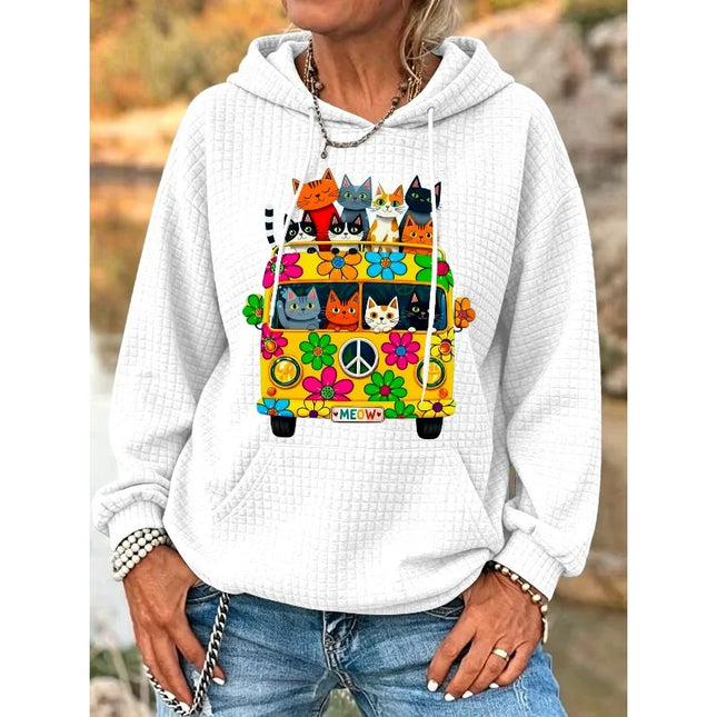 ilstile Women's Hippie Qute Cat Flower Print Hoodies Autumn Outdoor Sports Long Sleeve Casual Loose Round Neck Hooded Hoodies