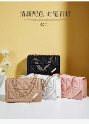 Trendy Embroidered Square Bag  - Diamond Pattern Shoulder Purse with Chain Strap & Magnetic Closure PlatiNum