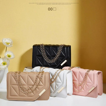 Trendy Embroidered Square Bag  - Diamond Pattern Shoulder Purse with Chain Strap & Magnetic Closure PlatiNum