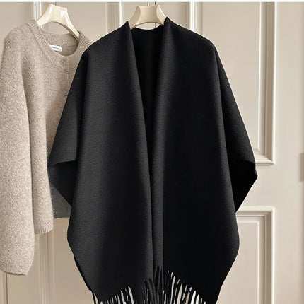 Women Split‑Open Woolen Tassel Poncho Shawl Thick Warm Cape Coat Autumn Winter Travel Photography Outer Wrap