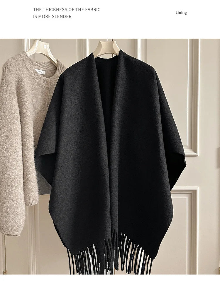 Women Split‑Open Woolen Tassel Poncho Shawl Thick Warm Cape Coat Autumn Winter Travel Photography Outer Wrap