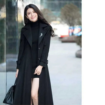 New Women's Spring Autumn Winter Woolen Coat Slim  Long Over The Knee Lining Woolen Windbreaker Outerwear Match Belt Female