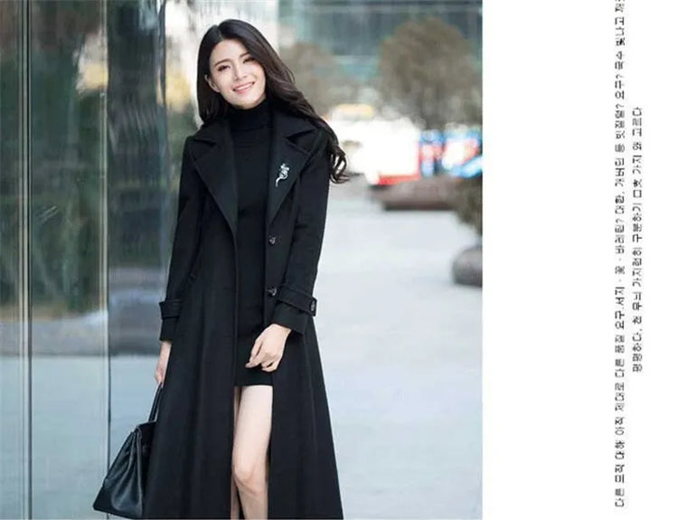 New Women's Spring Autumn Winter Woolen Coat Slim  Long Over The Knee Lining Woolen Windbreaker Outerwear Match Belt Female