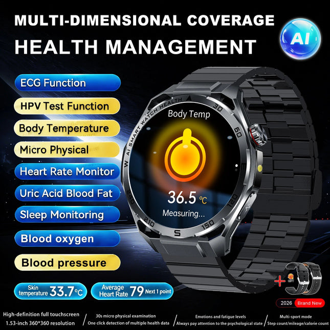 Nuovo Smartwatch 2026 con Analisi del Grasso Corporeo ECG+PPG, Acido Urico, Pressione Sanguigna, Ossigeno nel Sangue, Chiamate Bluetooth, Orologio Sportivo Intelligente per Uomini e Donne platinumshop