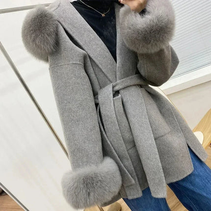 OFTBUY Omen Double Face Wool Coat Natural Fur Coat Wool Blend Jacket Winter Warm Elegant Long Sleeve Fur Cuffs Fashion Outerwear