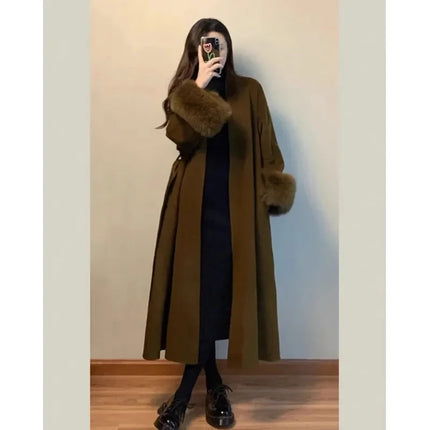 2025 New Spring Winter Warm Long Woolen Coat Women Elegant Warm Wool Blend Trench Coat With Belt Fashion Outerwear