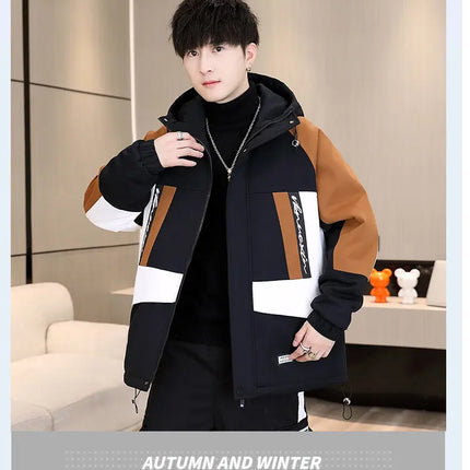 Men's Casual Wool Lined Thickened Hooded Set Fashionable Warm Sweatshirt Jacket Trendy Autumn Winter Men 2 Piece