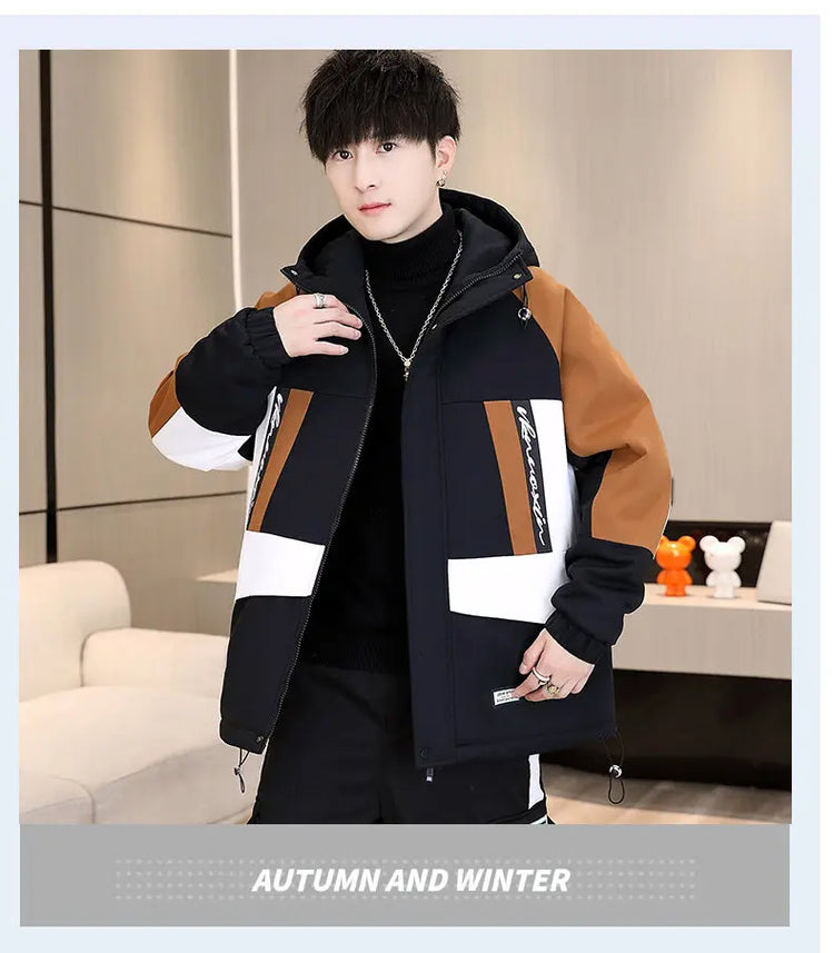 Men's Casual Wool Lined Thickened Hooded Set Fashionable Warm Sweatshirt Jacket Trendy Autumn Winter Men 2 Piece