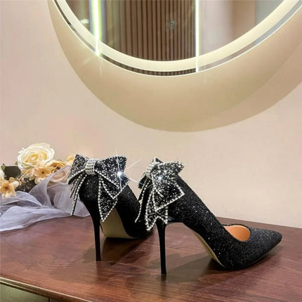 Shiny Bowknot tacchi sottili décolleté donna Slip-On Bling Crystal Party Shoes donna Sexy scarpe con tacco alto Glitter a punta