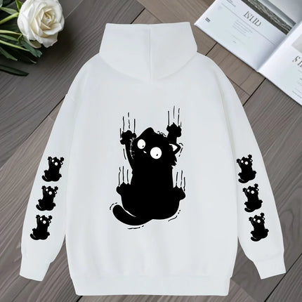 Women Oversized Hoodie Cute Scratch Black Cat Dual Sleeve Print Pullover Sweatshirt Autumn Winter Harajuku Casual Street Tops