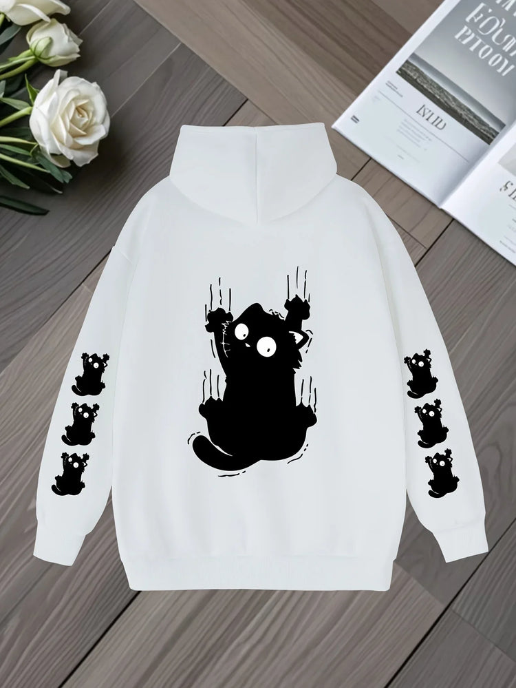 Women Oversized Hoodie Cute Scratch Black Cat Dual Sleeve Print Pullover Sweatshirt Autumn Winter Harajuku Casual Street Tops