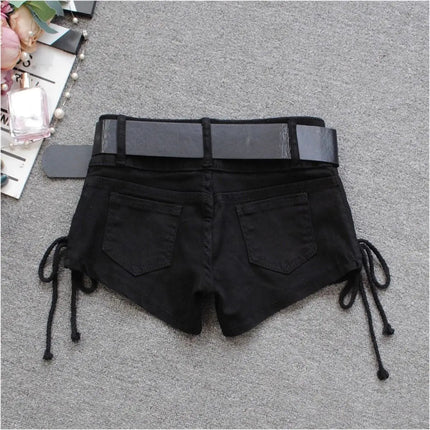 Korean Low Rise Denim Shorts 2024 - Riveted Lace Up Bodycon Black Hot Pants Vintage Cheeky Booty Summer TikTok Y2K Outfit PlatiNum