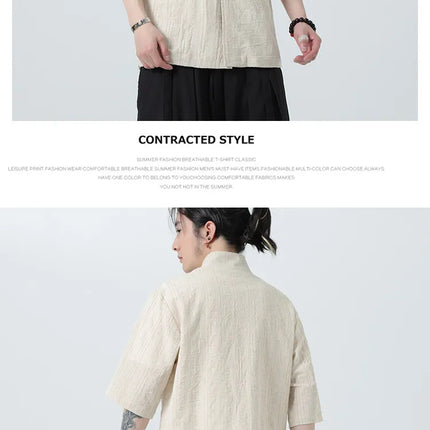 Camicie a Righe da Uomo Estive in Stile Cinese Tradizionale, Camicie Traspiranti in Lino, Abbigliamento Maschile Retrò per Kung Fu e Tai Chi, Completo Casual Tang