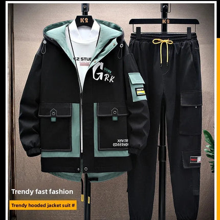 Spring Casual Men Sets Two Pieces Fashion Korean Trend Hooded Jacket + Pants Autumn Baseball Uniform Suit Man Outfit