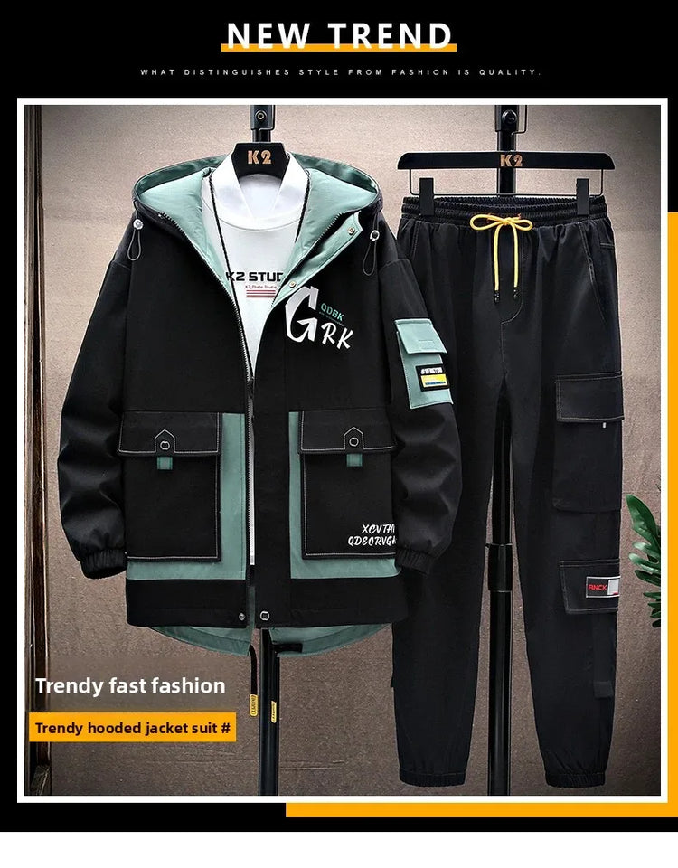 Spring Casual Men Sets Two Pieces Fashion Korean Trend Hooded Jacket + Pants Autumn Baseball Uniform Suit Man Outfit