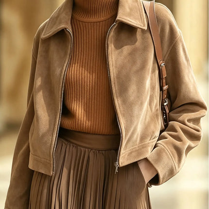 Autumn and winter short suede jacket women's vintage leather down lapel slim jacket jacket women's