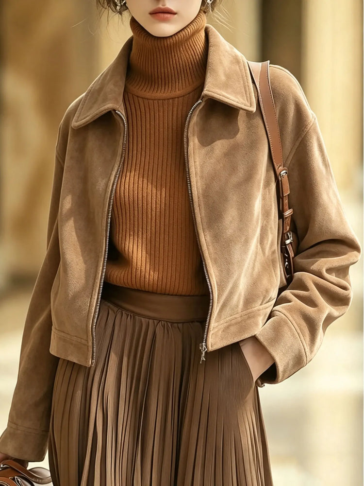 Autumn and winter short suede jacket women's vintage leather down lapel slim jacket jacket women's