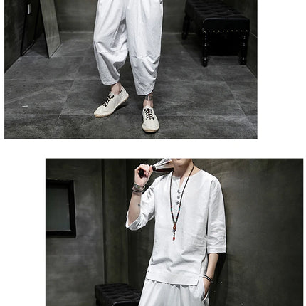 Stile giapponese due pezzi t-shirt pantaloni uomo uomo abiti Kimono maniche corte giappone Harajuku Yukata Cardigan Costume top pantaloni