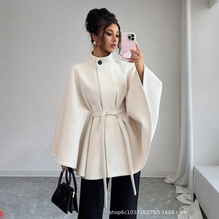 Wool Coat Women Autumn Winter Woolen Jacket Batwing Sleeve Button Lace Up Blends Turtleneck Overcoat Office Lady Outerwear