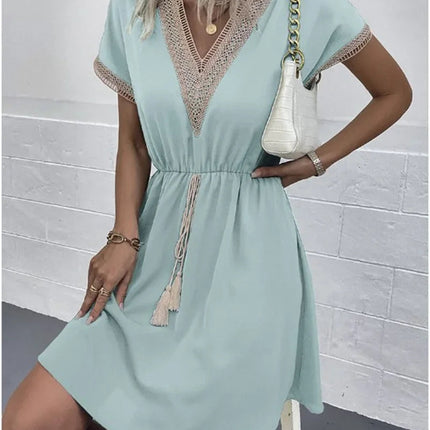 Abito corto longuette da spiaggia femminile con scollo a V in pizzo a maniche corte tinta unita estivo Abiti eleganti da donna in tinta unita bianco dolce platinumshop