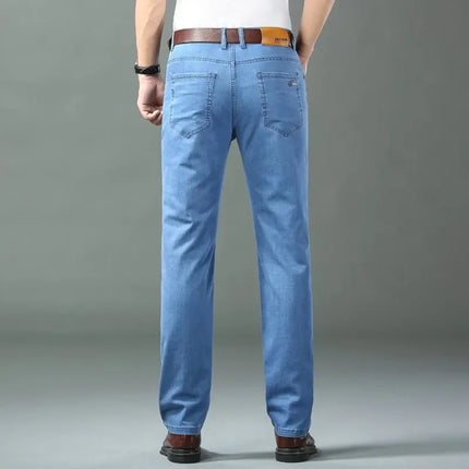 New Ice Silk Thin Denim Jeans for Men Blue Straight Stretch Cotton Denim Pant Business Casual Lightweight Trousers Spring Summer