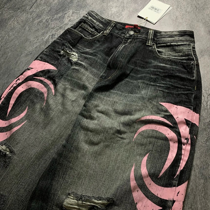 Women's Denim Jeans Wide Leg Long Pants High Waist Straight Hole Pants Y2k Streetwear Print Mom Jeans Casual Loose 2025