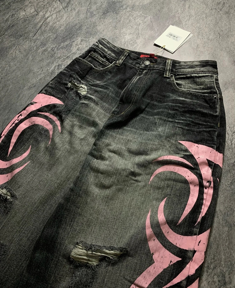 Pantaloni in denim Jeans da donna Pantaloni lunghi a gamba larga Pantaloni dritti a vita alta con foro Y2k Streetwear Stampa Jeans mamma Casual Allentati 2025