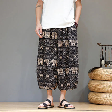 Pantaloncini da uomo estivi Pantaloni larghi casual comodi in cotone Pantaloni tradizionali al polpaccio retrò Pantaloncini traspiranti da uomo Streetwear