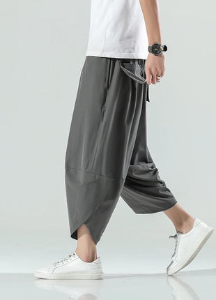Pantaloncini Estivi da Uomo Stile Cinese Harajuku, Pantaloni Harem Oversize, Pantaloni Vintage Traspiranti a Tinta Unita, Lunghezza al Polpaccio