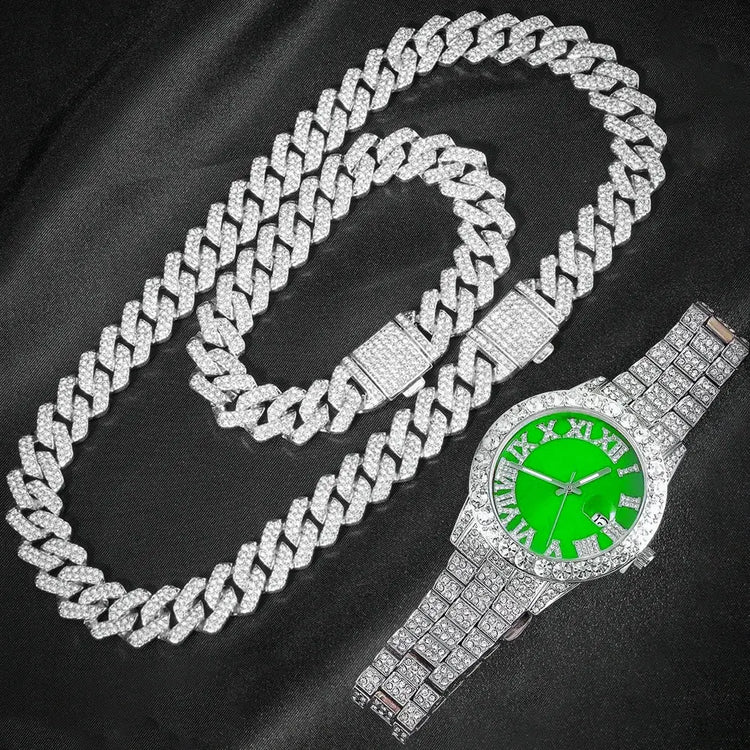 3 pezzi orologio a catena cubana per uomo Hip Hop Miami Curb ghiacciato pavimentato strass rapper collana cubana orologio + braccialetto gioielli platinumshop