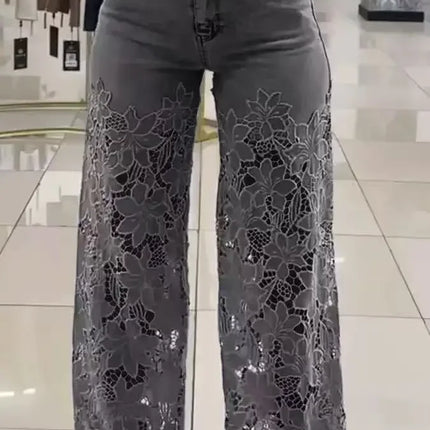 Jeans a Vita Alta e Gamba Larga, Pantaloni Estivi alla Moda con Inserti in Pizzo, Jeans in Denim Traforato e Drappeggiato, Jeans da Donna in Cotone con Cerniera per Primavera