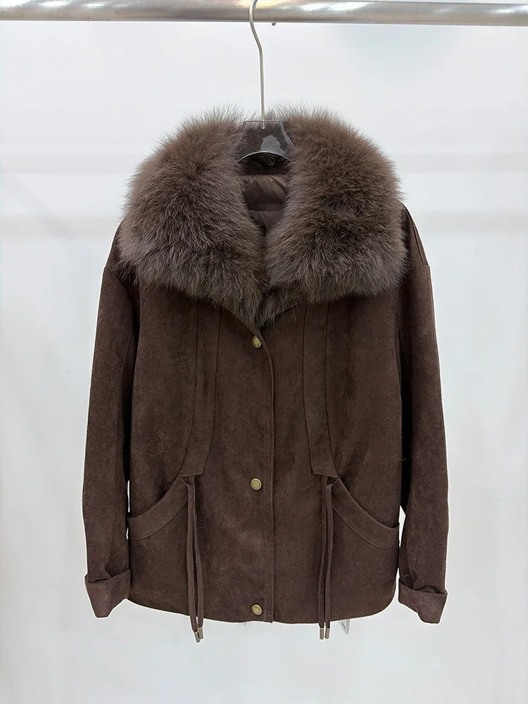 2026 Autumn Winter Women's White Goose Down Coats Natural Real Fox Fur Collar Jacket Outwear Luxury Female Jacket
