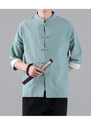 Camicie in Stile Cinese per Uomo, Top Tradizionale Tang in Lino a Mezza Manica, Camicia Kung Fu Hanfu Vintage Casual, Taglie Grandi fino a 5XL